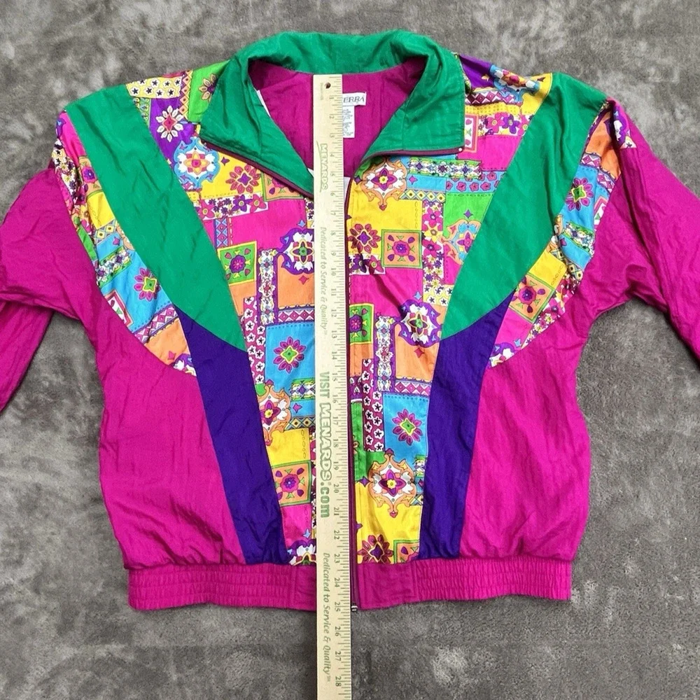 Vintage Windbreaker Jacket Women Large Nylon Loud Geometric Pattern Retro 80s 90